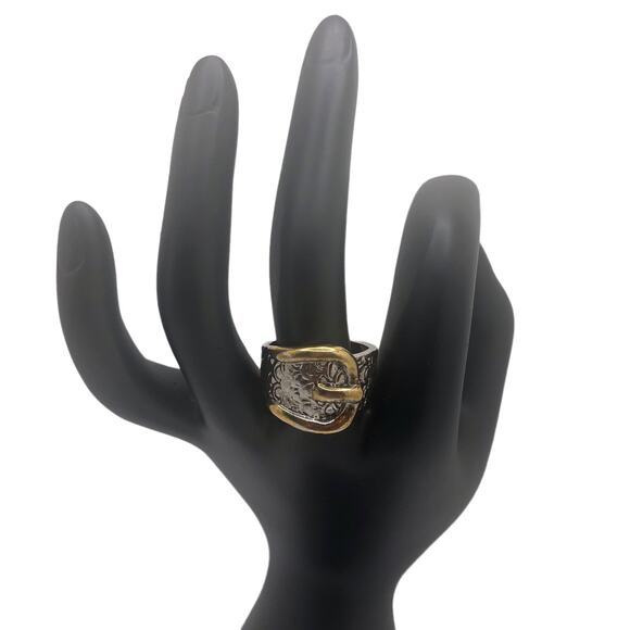 Silver and Gold Belt Buckle Ring - Size 9 - Picture 2 of 7